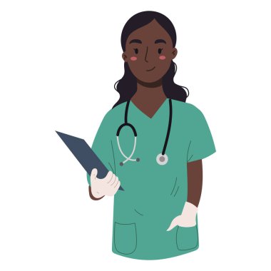 Beyaz arka planda steteskobu olan Afrikalı Amerikalı etnik kadın doktor..