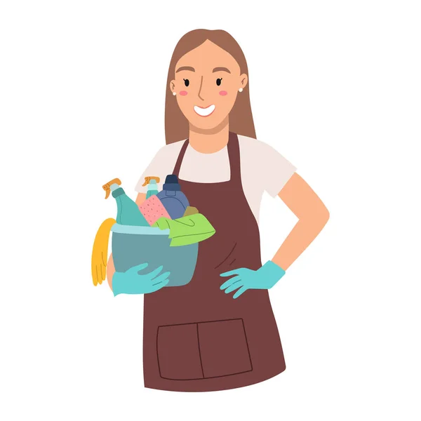 Femme est prête pour le nettoyage tient un seau de fournitures de nettoyage — Image vectorielle