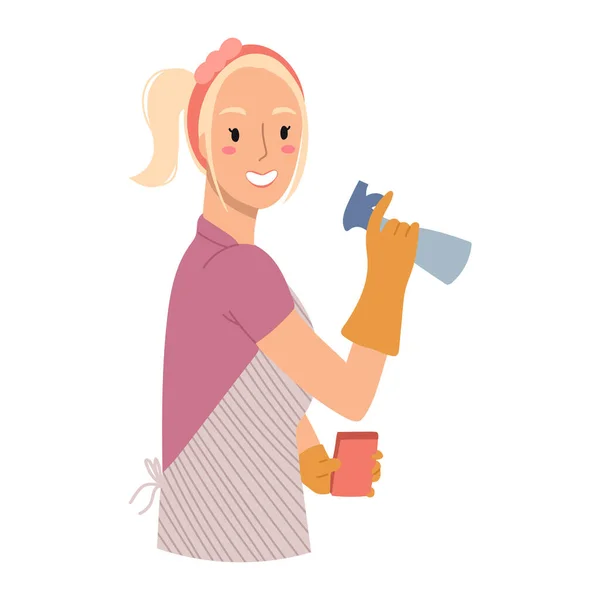 Жінка готова до прибирання тримає чистіше і губкою — стоковий вектор