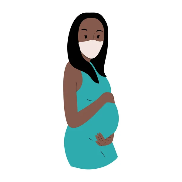 Retratos de mulher jovem grávida em vestido azul com máscara facial para proteger contra o vírus isolado em fundo branco. Desenho plano desenho animado desenho à mão vetor ilustração. —  Vetores de Stock