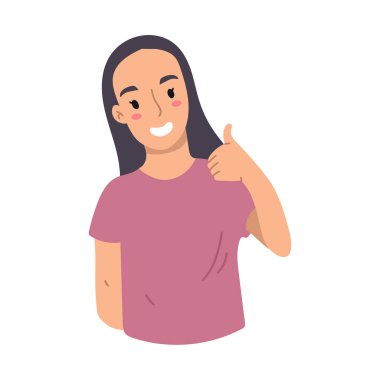 Başparmaklarını gösteren genç bir kadın. Siyah saçlı, pembe tişörtlü. Vektör eli çizilmiş illüstrasyon. Çizgi film tarzı, düz tasarım.