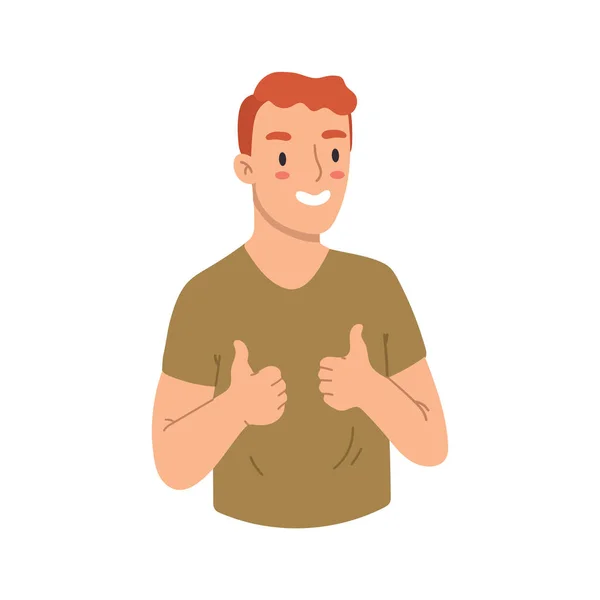 Een jongeman die duimen laat zien. Rood haar, groen t-shirt. Vector hand getekend illustratie. Cartoon stijl, plat ontwerp. — Stockvector