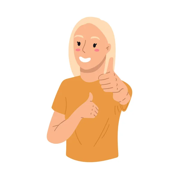 Junge Frau zeigt Daumen hoch, wie. Blonde Haare, gelbes T-Shirt. Vektor handgezeichnete Illustrierung. Cartoon-Stil, flaches Design. — Stockvektor