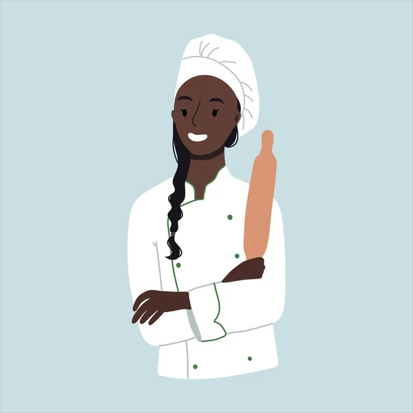 Jeune femme chef confiante et souriante avec un rouleau à pâtisserie à la main. Caractère ethnique afro-américain.Illustration vectorielle dessinée à la main. Cartoon style. Conception plate. — Image vectorielle