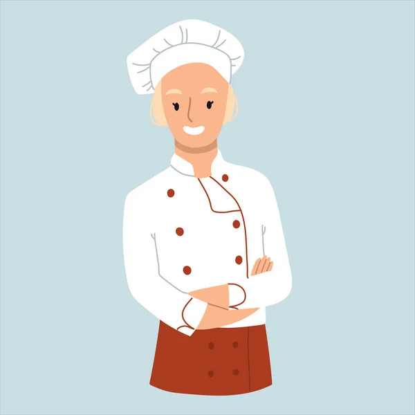 Молода усміхнена впевнена жінка шеф-кухаря з схрещеними руками. Векторна ілюстрація, намальована рукою. Стиль мультфільму. Плоский дизайн . — стоковий вектор