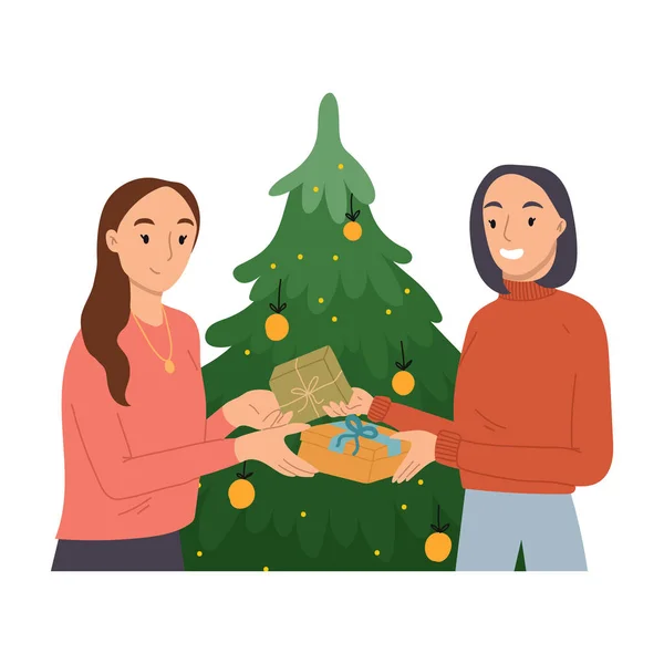 Dvě mladé ženy si vyměňují vánoční dárky. Přátelé představující vánoční dárky na pozadí vánočního stromečku. Vektorové ručně kreslené osvětlení. — Stockový vektor