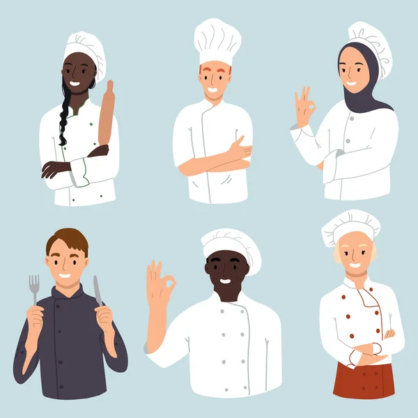 Collection de chef homme et femme. Adultes chefs professionnels confiants. Caractère afro-américain, musulman, caucasien. Illustration vectorielle dessinée main. — Image vectorielle