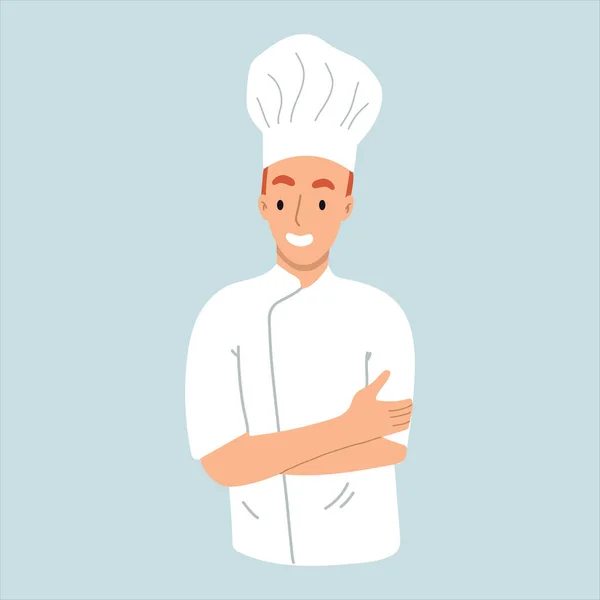 Jeune homme souriant confiant Chef aux bras croisés. Illustration vectorielle dessinée main. Cartoon style. Conception plate. — Image vectorielle