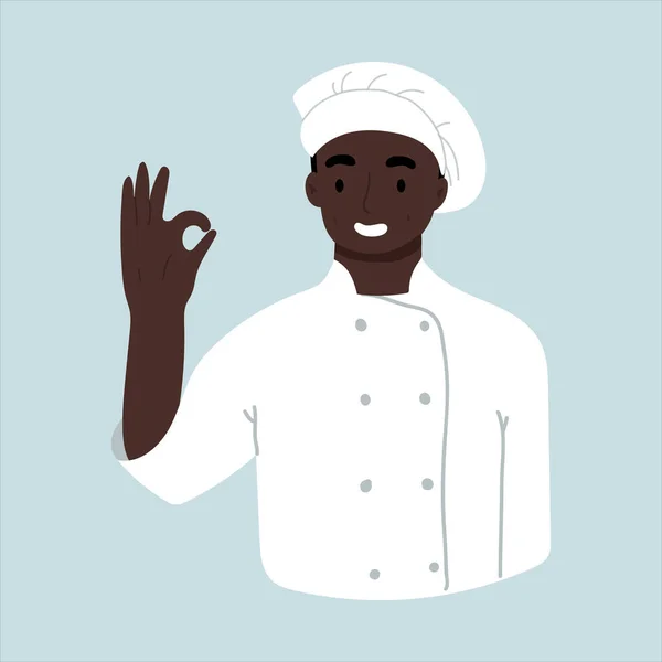 Jeune homme souriant confiant Chef Affichage ok. Caractère ethnique afro-américain.Illustration vectorielle dessinée à la main. Cartoon style. Conception plate. — Image vectorielle