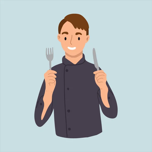 Jeune homme souriant confiant Chef tient une fourchette et un couteau. Illustration vectorielle dessinée main. Cartoon style. Conception plate. — Image vectorielle