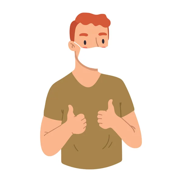 Junger Mann zeigt Daumen hoch, wie mit Gesichtsmaske, um sich vor dem Virus zu schützen, das auf weißem Hintergrund isoliert ist. Rote Haare, grünes T-Shirt. Vektor handgezeichnete Illustrierung. Cartoon-Stil, flaches Design. — Stockvektor