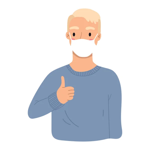 Jongeman met duimen omhoog, zoals met gezichtsmasker om te beschermen tegen het virus geïsoleerd op witte achtergrond. Blond haar, blauw t-shirt. Vector hand getekend illustratie. Cartoon stijl, plat ontwerp. — Stockvector