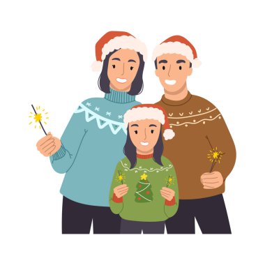 Mutlu aile anne, baba ve kız Noel ve yeni yılı kutluyorlar. Bengal ışıkları yanıyor. Kış tatili için hediye çeki. Çizgi film tarzında vektör el çizimi.