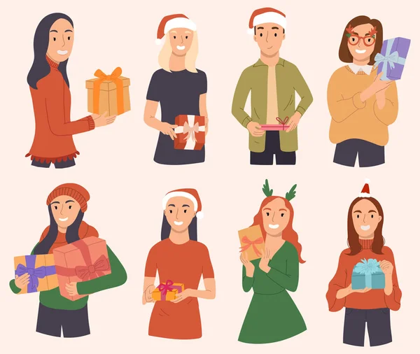 Šťastní lidé ve vánočních kostýmech drží dárky. Vektorové ručně kreslené ilustrace.Vánoce a Nový rok. — Stockový vektor
