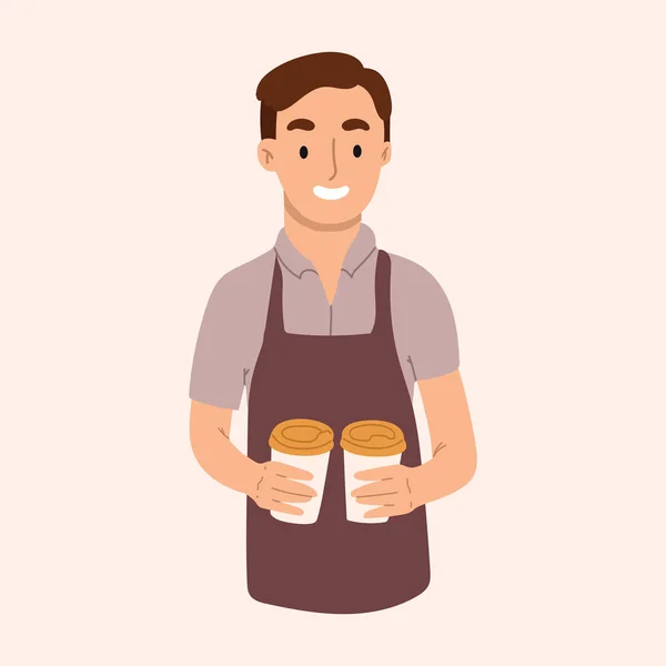 Молодий офіціант, бариста приготував смачну ароматну каву. Дизайн персонажів ресторану. Векторна ілюстрація намальована рукою . — стоковий вектор