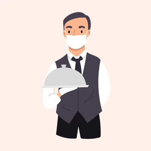 A happy young adult waiter in a suit holds a ram with food . Restaurant staff characters design with face mask to protect against the virus.Vector hand drawn illustration. — Stock Vector