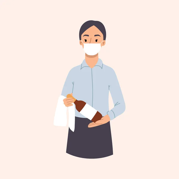 Une jeune serveuse souriante montre du vin avec un masque facial pour se protéger contre le virus. Design des personnages du personnel du restaurant. Illustration vectorielle dessinée à la main. — Image vectorielle