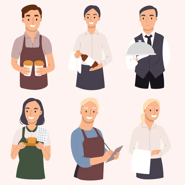 Набір молодих векторних офіціанток та офіціанток, що обслуговують відвідувачів. Дизайн персонажів ресторану. Малюнок руки ілюстрація . — стоковий вектор