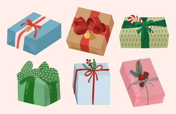 Collection vectorielle de boîtes cadeaux de Noël en style dessin animé dessiné à la main. Cadeaux colorés pour la surprise. Conception plate. — Image vectorielle