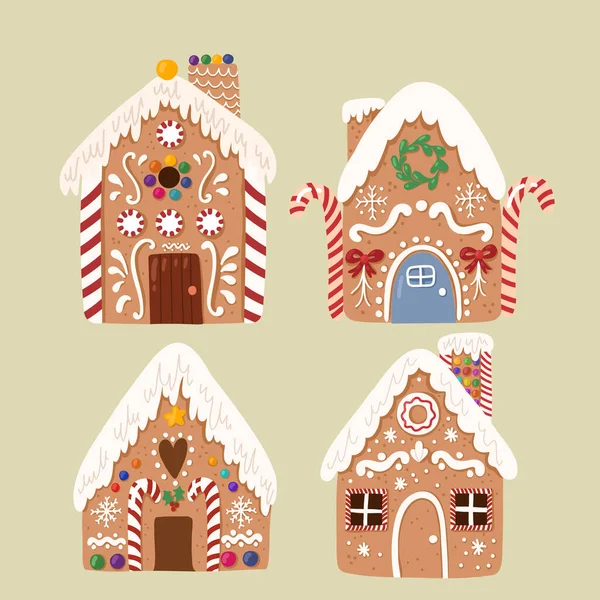 Collection vectorielle mignonne de pain d'épice maison, biscuit traditionnel de Noël sucré dans le style dessiné à la main. — Image vectorielle