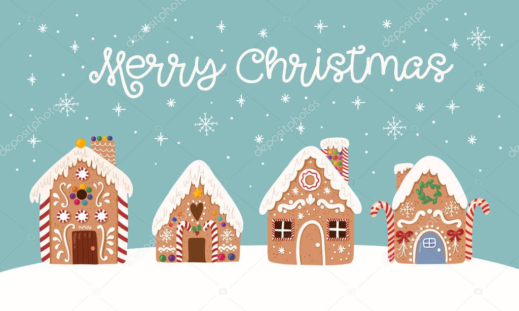 Cute vector greeting card of Gingerbread house,sweet christmas traditional cookie in hand drawn style. 