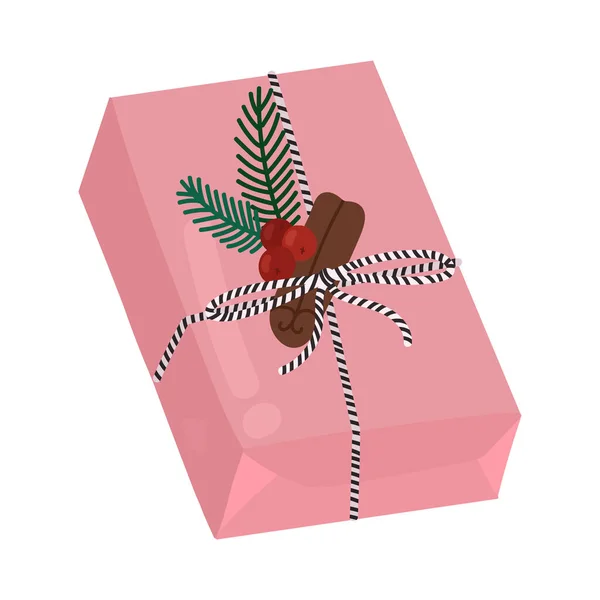 Boîte cadeau vectoriel rose de Noël en style dessin animé dessiné à la main. Cadeaux colorés pour la surprise. Conception plate. — Image vectorielle