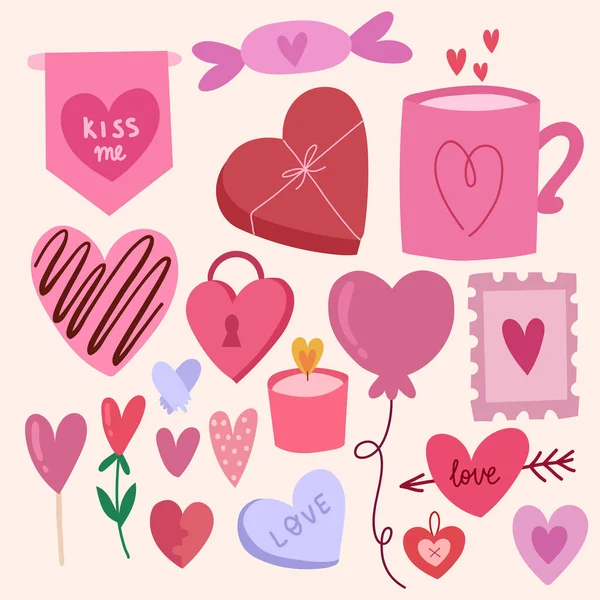 Conjunto de corazones para el día de San Valentín, linda ilustración de amor. El 14 de febrero. Todos los elementos están aislados.Diseño vectorial dibujado a mano. — Archivo Imágenes Vectoriales