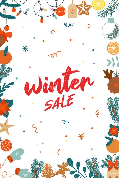 Banner Winter Sale con illustazioni natalizie. Vettore disegnato a mano. — Vettoriale Stock