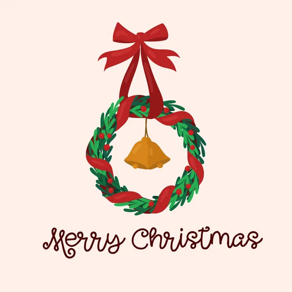 Tarjeta de felicitación vectorial de Navidad, corona con campanas y cinta roja. ilustración dibujada a mano. — Vector de stock