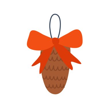 Noel oyuncağı. Kırmızı kurdeleli koni. Vektör el çizimi resimleme