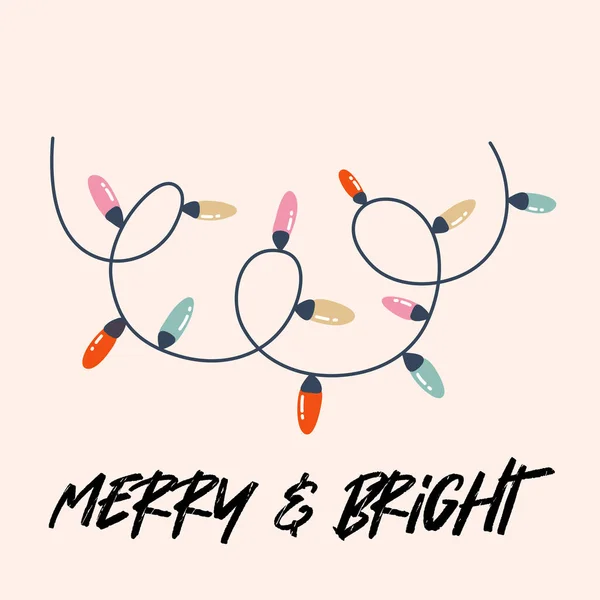 Tarjeta de felicitación navideña con guirnalda y letras. Merry y Brignt. Vector ilustración dibujada a mano. — Vector de stock