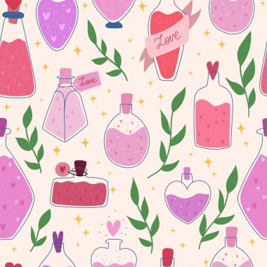 Sevgililer Günü aşkı kusursuz bir şablon. Romatik iksir kavanozu. Vektör el çizimi resimleme.