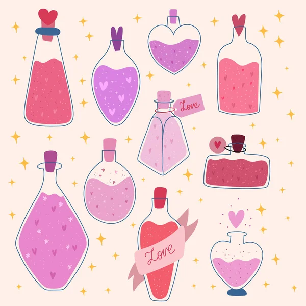 Sevgililer Günü aşk büyüsü. Romatik iksir kavanozu. Vektör el çizimi resimleme.