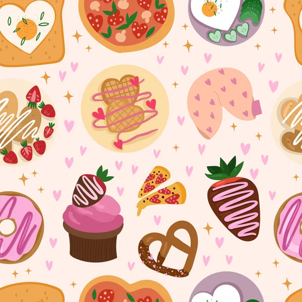 Valentines Day love food seamless pattern. Romatic Delicious food. Vector hand drawn illustration. — Stock Vector