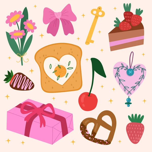Ημέρα του Αγίου Βαλεντίνου σύνολο χαριτωμένα ρομαντικά στοιχεία: λουλούδια, τοστ με αυγό, κορδέλα, κέικ, φράουλα, κεράσι κουτί δώρου κλπ. Εικονογράφηση διανύσματος στο χέρι. Διάνυσμα Αρχείου