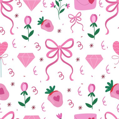 Çilek, çiçek ve kurdeleyle Sevgililer Günü kusursuz desen. Paket kağıdı için vektör şablonu..