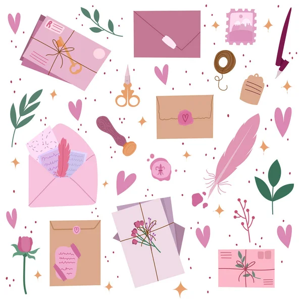 Romantic velentines day letter collection. Vector hand drawn illustration. — Stock Vector