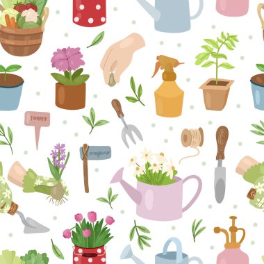 Bahçıvanlık kusursuz desen. Beyaz arka planda izole edilmiş araç ve bitkiler. Lale, tohum, sebzeler. Vektör el çizimi..