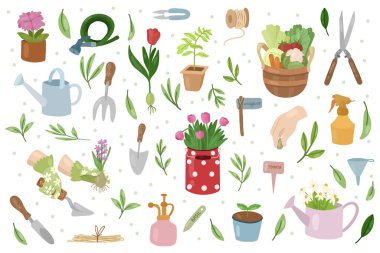 Bahçıvanlık koleksiyonu. Beyaz arka planda izole edilmiş araç ve bitkiler. Lale, tohum, sebzeler. Vektör el çizimi..