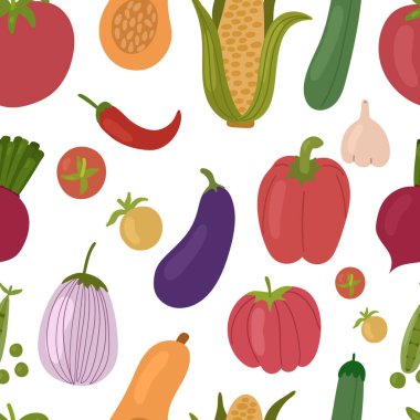 Sebzeli, dikişsiz desen. Vektör el çizimi resimleme.