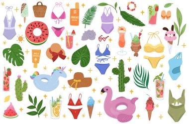 Yaz zamanı vektör koleksiyonu. Mayo, dondurma, dondurma, güneş kremi..