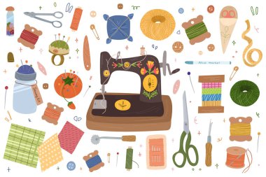 Dikiş seti koleksiyonu. İğne işi konsepti. Çeşitli dikiş araçları.