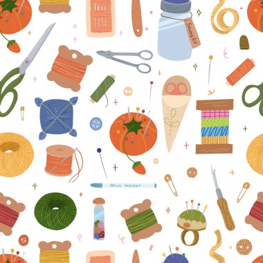 Dikiş seti kusursuz desen. Çeşitli dikiş araçları.