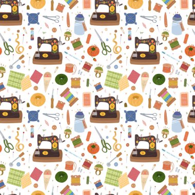 Dikiş seti kusursuz desen. İğne işi konsepti. Çeşitli dikiş araçları. 