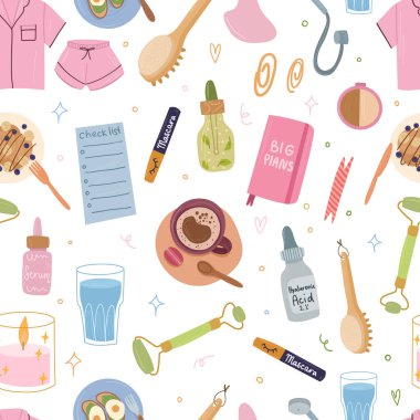 Kişisel bakım sabah rutini pürüzsüz cilt bakımı, planlama, kahve. 