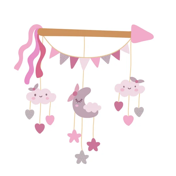 Παιδικό νεογέννητο ροζ κινητό παιχνίδι για παιδικό σταθμό, φεγγάρι και σύννεφα. Σχεδίαση διανυσματικού χεριού — Διανυσματικό Αρχείο