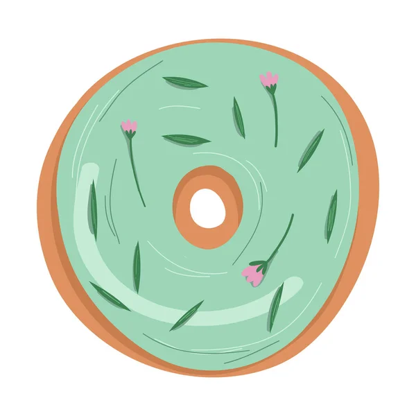 Bonita rosquilla dulce deliciosa con glaseado verde, hojas y flores.Vector dibujado a mano de dibujos animados — Archivo Imágenes Vectoriales