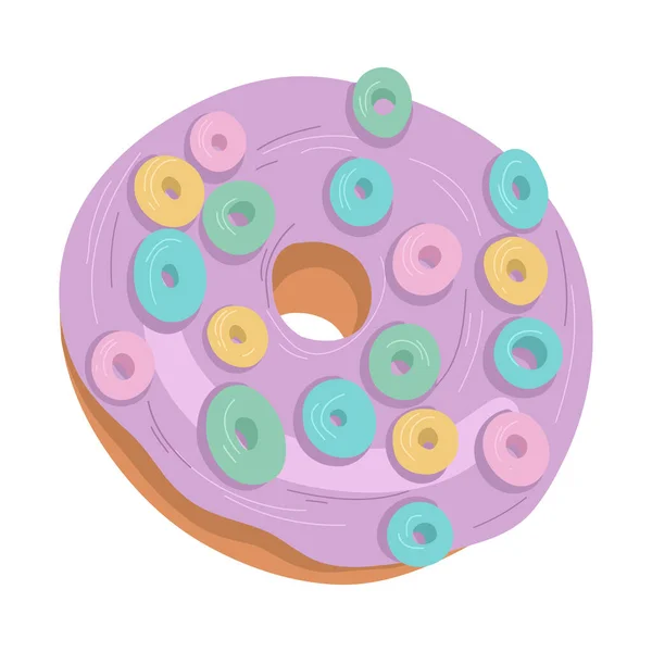 Linda rosquilla dulce deliciosa con glaseado rosa y cereales de color.Vector dibujado a mano de dibujos animados — Archivo Imágenes Vectoriales