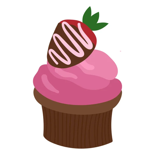 Cute Strawberry Pink Cupcake Vector Hand Drawn Cartoon Illustration — Stock Vector