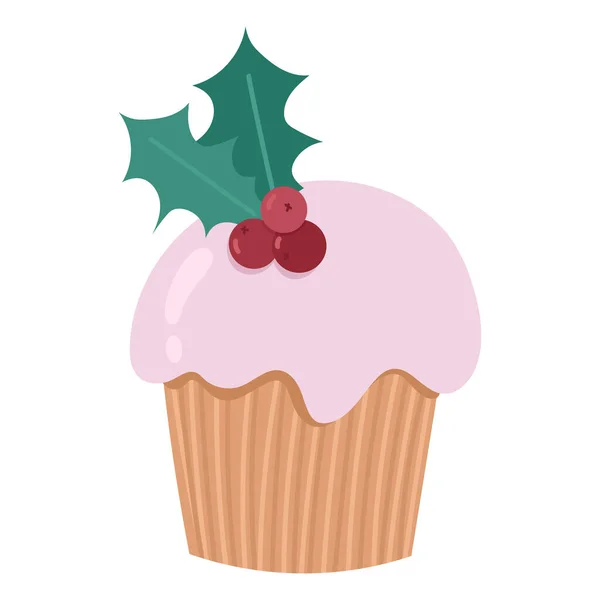 Weihnachtsgebäck Cupcake mit rosa Zuckerguss und Beeren. Vector Hand gezeichnet — Stockvektor